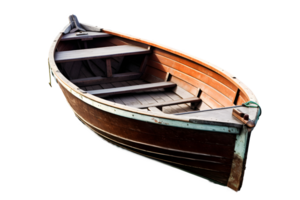 A wooden boat floating on a clear, transparent background, png