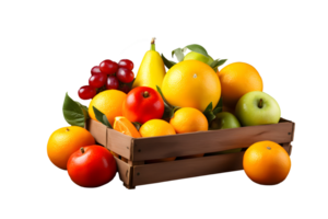 A variety of fresh fruits, including apples, oranges, and grapes, arranged on a wooden box placed on a transparent background. png