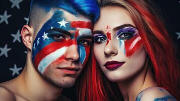Striking Photo of Gorgeous Looking National Lovers Couple Face Painted or Makeup USA Flag Color. 4th July Independence Day or American Event Celebration Concept.