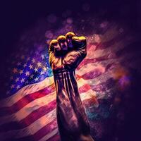 Closeup Photography of Raising Human Fist Against Abstract USA National Flag Background, Concept of Protest Resistance, Standing Up for Beliefs Fighting and Justice. . photo