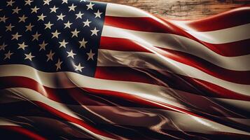 foto Disparo de Estados Unidos nacional bandera en de madera mesa para 4to de julio, monumento día, veteranos día, americano independencia día celebracion concepto. generativo ai tecnología.