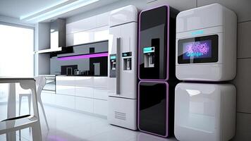 Kitchen with smart appliances with display screen and a smart oven with voice-controlled settings, concept of Smart Home and Artificial Intelligence, created with technology photo