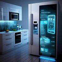 Kitchen with smart appliances with display screen and a smart oven with voice-controlled settings, concept of Smart Home and Artificial Intelligence, created with technology photo