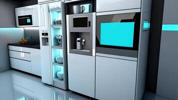 Kitchen with smart appliances with display screen and a smart oven with voice-controlled settings, concept of Smart Home and Artificial Intelligence, created with technology photo