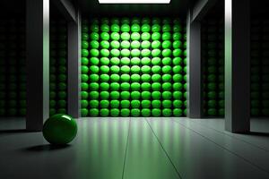 Modern Contemporary Luxury Mural Interior Design a Combination of Green 3D Sphere or Circles Wallpaper in Dark Grey Empty Room. Generative AI. photo
