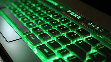 verde brillante teclado luz, de cerca. digital tecnología generativo ai. foto