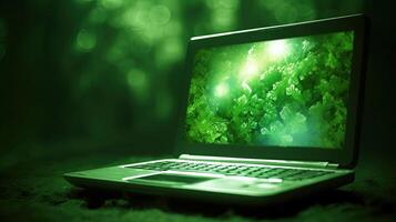 Eco Friendly or Green Technology Concept with Luminous Notebook Computer or Laptop and Leaves At Dark Light Background. Created By Technology. photo