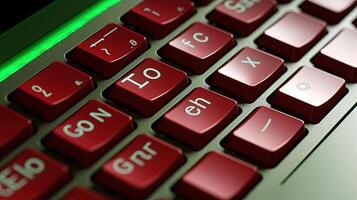 Red and Green Glowing Keyboard Light, Closeup. Digital Technology . photo