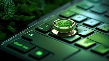 Eco Friendly or Green Technology Keyboard with Leaves at Dark Background. Created by . photo