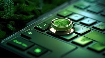 Eco Friendly or Green Technology Keyboard with Leaves at Dark Background. Created by . photo