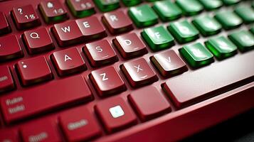 rojo y verde brillante teclado luz, de cerca. digital tecnología generativo ai. foto