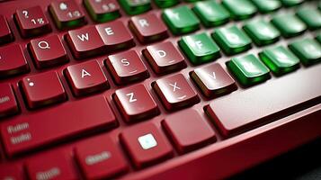 Red and Green Glowing Keyboard Light, Closeup. Digital Technology . photo