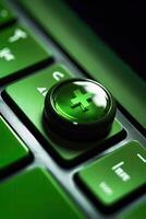 High Light Green Plus or Cross Symbol Button in Keyboard Digital Technology. photo
