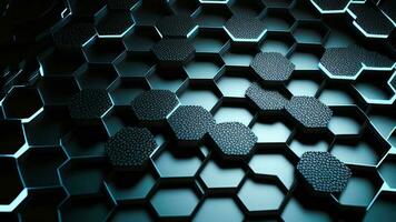 3D Render, Blue Abstract Hexagon Background With Neon Lights. photo