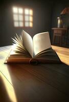 Closeup view Of Light Effect Open Books Against Blur Jug On Wooden Desk And Lamp In Dark Background. 3D Render, photo