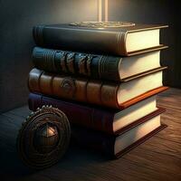 3D Render of Light Effect Vintage Books With Medieval Round On Wooden Background. photo