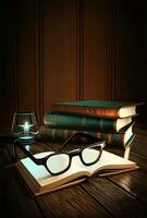 3D Render of Eyeglasses With Books And Glassware Candle On Dark Wooden Background. photo