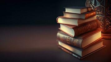 3D Render Of Light Effect Book Stack With Vintage Lamp On Dark Brown Background. photo