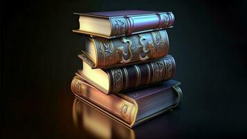 3D Render of Vintage Books Stack On Dark Background. photo