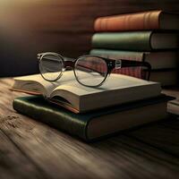 3D Render of Night Study Room Foreground With Eyeglasses And Books On Wooden Background. photo