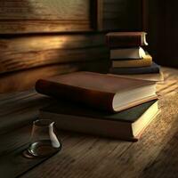 3D Render of Light Effect Wooden Study Room With Chemical Flask And Books. photo