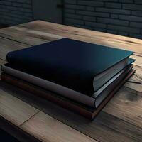 Close View Of Files Or Book Folders On Wooden Table Against Black Brick Wall. 3D Render. photo