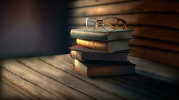 3D Render of Light Effect Brown Wooden Background With Eyeglasses And History Books. photo