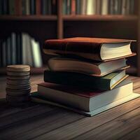 3D Render of Books With Coins On Wooden Table Against Blur Rack In Dark Background. photo