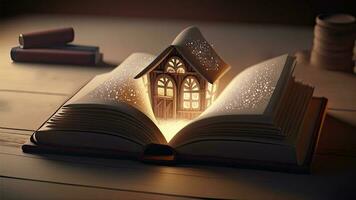 3D Render of Glowing House On Open Book Against Brown Wooden Background. photo
