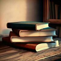 Foreground Of Study Room, Colorful Books On Wooden Table Against Mirrior. 3D Render. photo