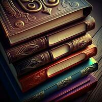 3D Render of Vintage Books Stack On Dark Background. photo