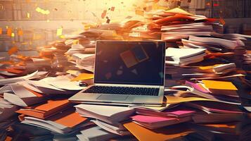 Giant Pile of Paperwork, Books Stacked and Laptop, Heavy Workload in Office or Library. Created By Technology. photo