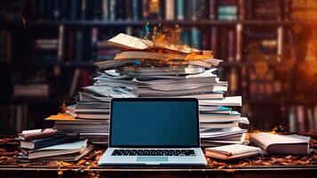 Notebook Computer or Laptop on Dirty Desk Full of Books Stacked in Library or Study Room. Technology. photo