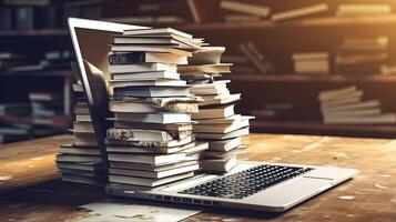 Photography Image, Stack of Books on Laptop Keyboard at Desk in Library or Study Room. Technology. photo