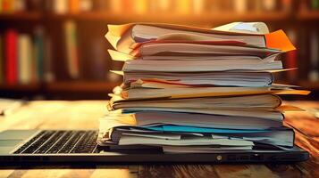 Stack of Books on Laptop at Desk in Library or Study Room, E-Learning or Education Concept. Technology. photo