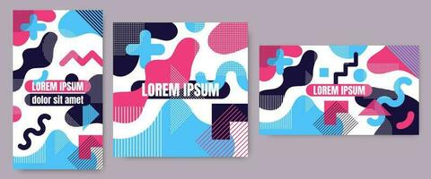 3 Geometric background with geometric line shapes pattern with trendy Memphis fashion style 80s-90s template in colorful vibrant colors isolated on white background set. vector