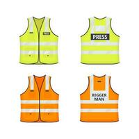 Safety reflective vest with labes tag flat style design vector illustration set.