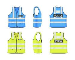Safety reflective vest with labes tag flat style design vector illustration set.