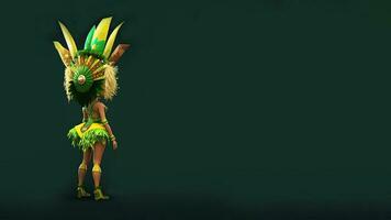 3D Render, Rear View of Brazilian Female Samba Dancer Character Posing In Feathered Costume On Green Background And Copy Space. photo