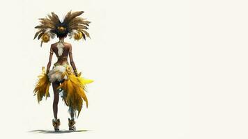 3D Render, Rear View of Brazilian Female Samba Dancer Character Standing On White Background And Copy Space. photo