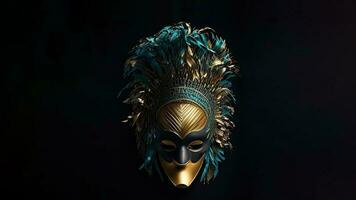 3D Render of Golden And Turquoise Feathered Masquerade Ball Mask On Black Background. photo