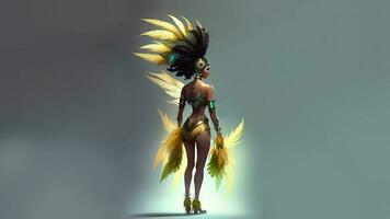 3D Render, Rear View of Brazilian Female Samba Dancer Character In Standing Pose And Copy Space. photo