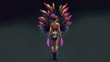 Rear View of Brazilian Female Samba Dancer Character In Standing Pose And Copy Space. 3D Render. photo