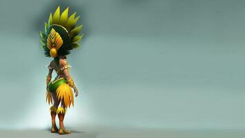 3D Render, Rear View of Brazilian Female Samba Dancer Character Posing In Feathered Costume And Copy Space. photo