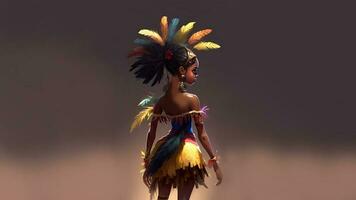 3D Render, Side View of Brazilian Young Girl Character Wearing Samba Dancer Costume In Standing Pose And Copy Space. photo