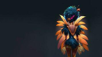 3D Render, Rear View of Brazilian Female Samba Dancer Character Posing In Feathered Costume. photo