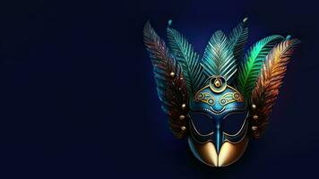 3D Render of Colorful Masquerade Mask With Feathers On Blue Background. Carnival Concept. photo