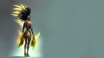 3D Render, Rear View of Brazilian Female Samba Dancer Character In Standing Pose And Copy Space. photo