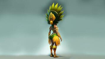 3D Render, Rear View of Brazilian Female Samba Dancer Character Posing In Feathered Costume And Copy Space. photo