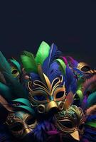 3D Render of Beautiful Golden Party Masks Among Multicolored Feathers And Copy Space. Carnival Concept. photo